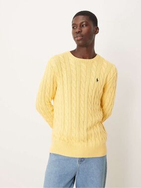 💛Polo Ralph Lauren Men Yellow Cable Knit Pony Sweater M Cotton Oversized Preppy